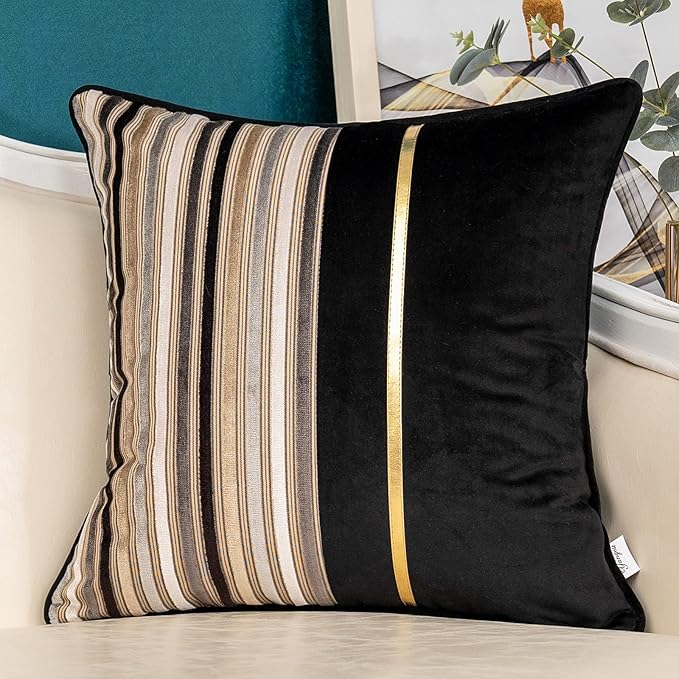 Yangest Black Striped Patchwork Throw Pillow Cover Gold Leather Cushion Cover by Yangest