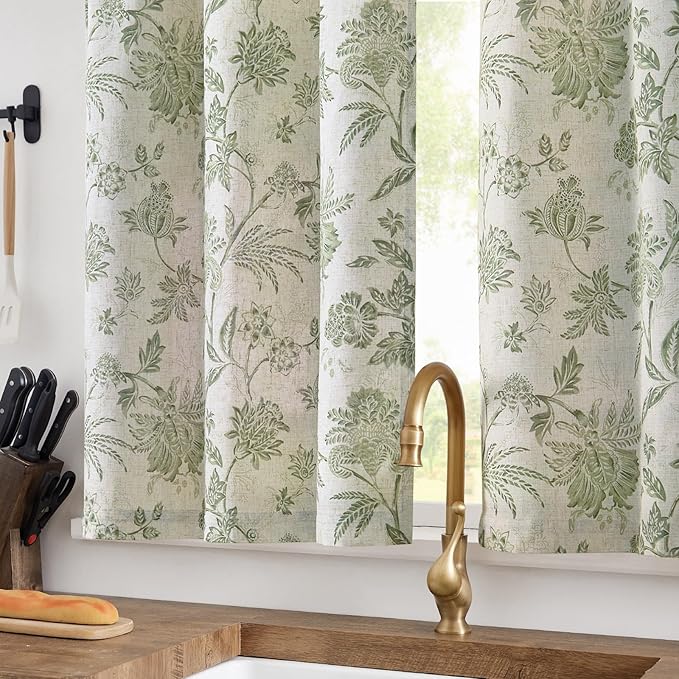 jinchan Floral Linen Tier Curtains 36 Inch Farmhouse Cafe Curtains Rod Pocket - Image 2