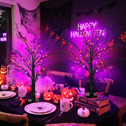 [Timer] 2 Pack Halloween Decorations Indoor, 24 Inch Lighted Black Halloween Tree with 24 Orange & Purple Lights, USB or Battery Powered Spooky Tabletop Tree for Home, Party, Fireplace & Holiday Decor