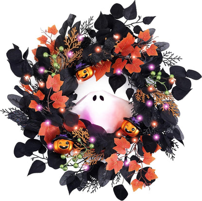 DecorbyHannah 20'' Halloween Wreath for Front Door with Lights Ghost Decor