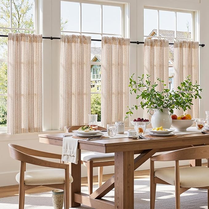 jinchan Striped Linen Kitchen Curtains 45 Inches Length Tier Curtains Farmhouse - Image 3