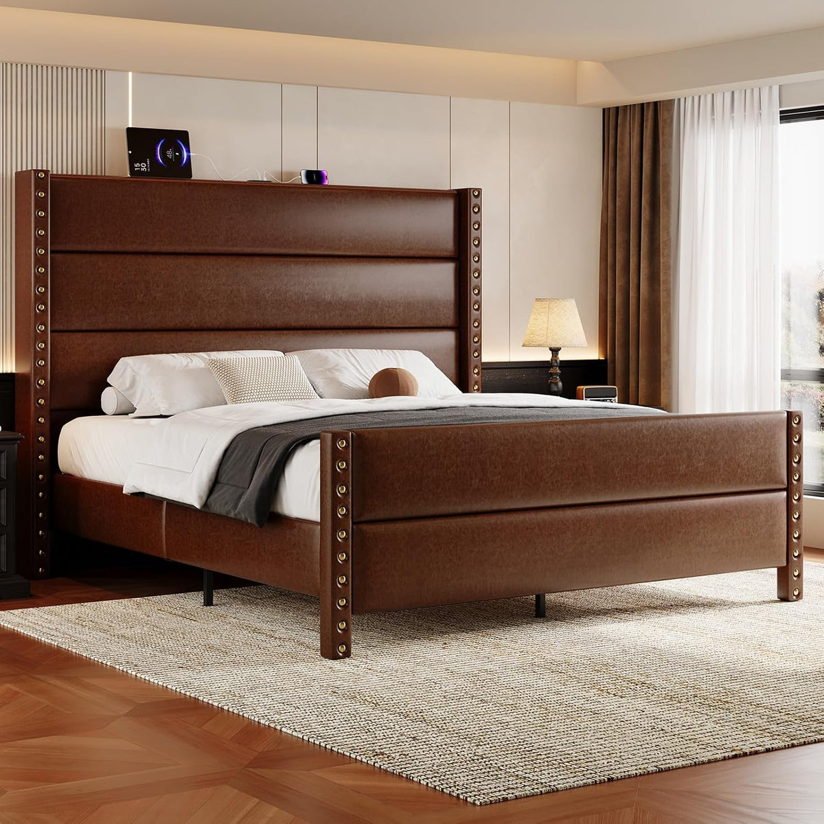 queen size 55" tall faux leather platform bed, main product view