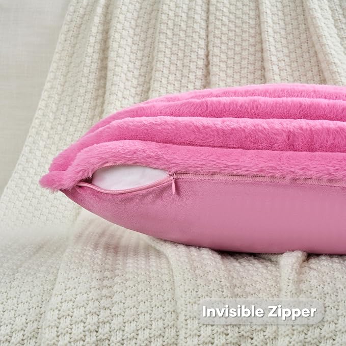 FUTEI Hot Pink Throw Pillow Covers Set of 2, 12x20 Inch Striped Texture Lumbar - Image 3