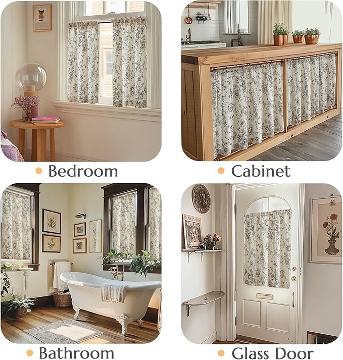 jinchan Floral Linen Tier Curtains 45 Inch Farmhouse Botanic Cafe Drapes - Image 3