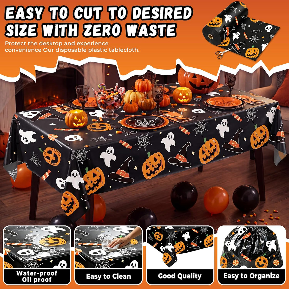 54 Inch X 300 Feet Plastic Table Cover Roll Disposable Halloween Tablecloth Pumpkin Ghost Plastic Table Covers for Halloween Party Decorations (Pumpkin Ghost, 300 Feet)