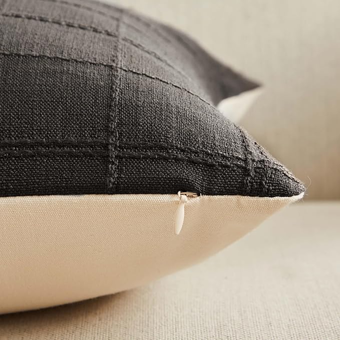 ZeeMart Linen Checked Throw Pillow Covers Set of 2, 16x16 Inch Charcoal/Cream - Image 3