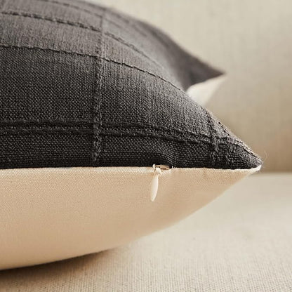 ZeeMart Linen Checked Throw Pillow Covers Set of 2, 16x16 Inch Charcoal/Cream - Image 3