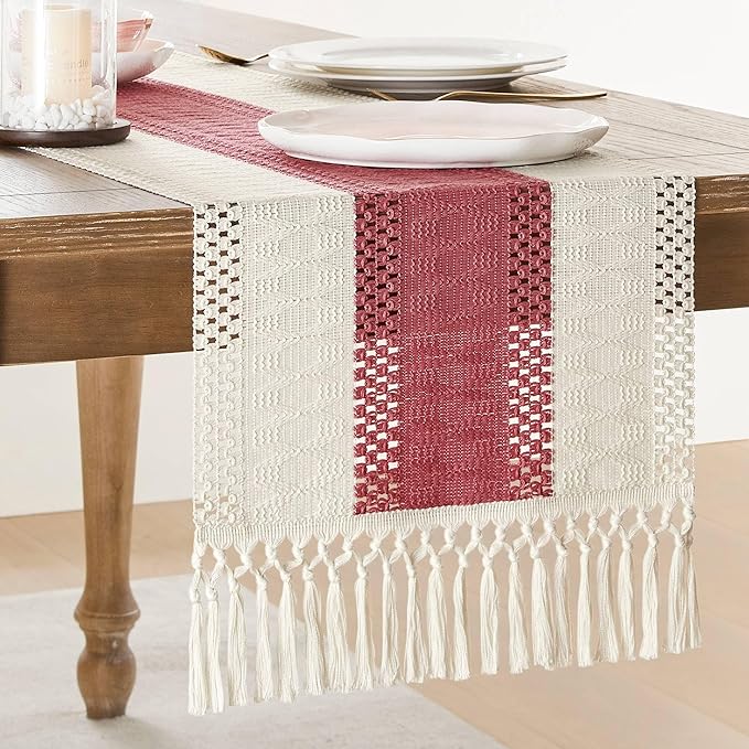 ZeeMart Macrame Style Bicolor Stitching Table Runner, 14 x 90 Inch Dusty by ZEEMARTONLINE