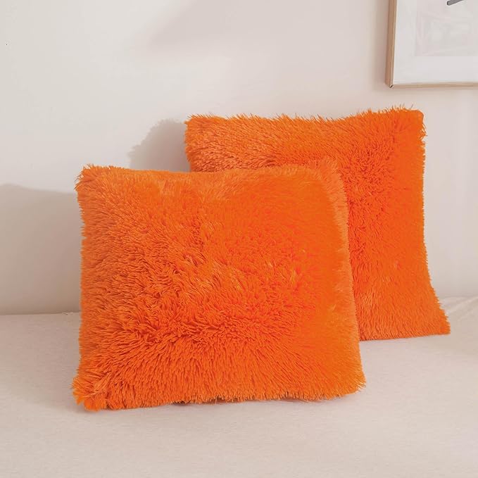 XeGe Faux Fur Throw Pillow Covers, Luxury Fluffy Plush Orange Pillow Shams by XeGe