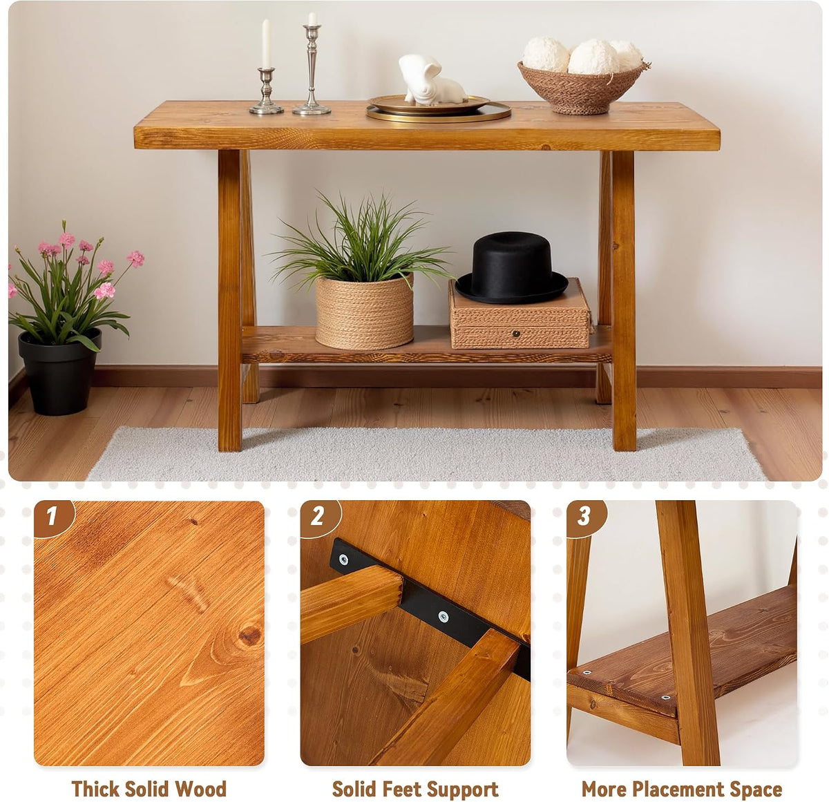 warmiehomy solid wood bench, 30” rustic farmhouse entryway, side view