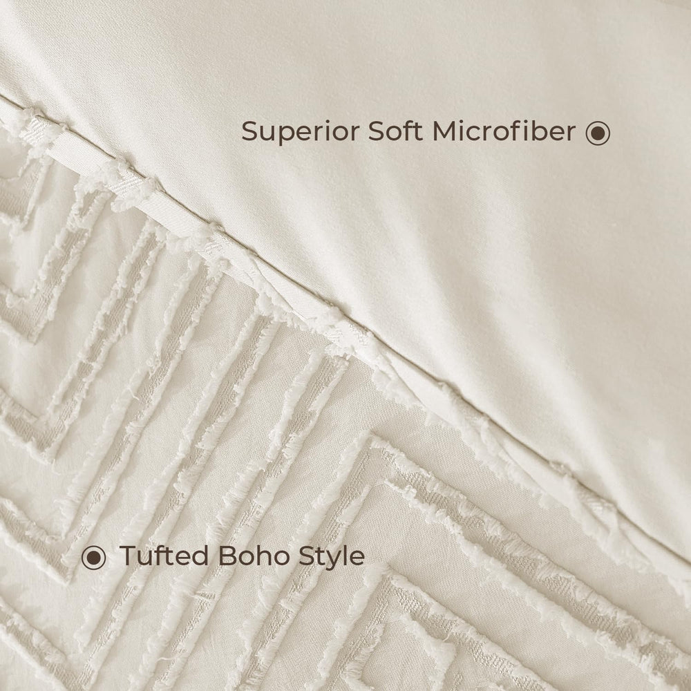 Litanika Queen Size Comforter Set, 3 Pieces Beige Tufted Boho Bedding Set