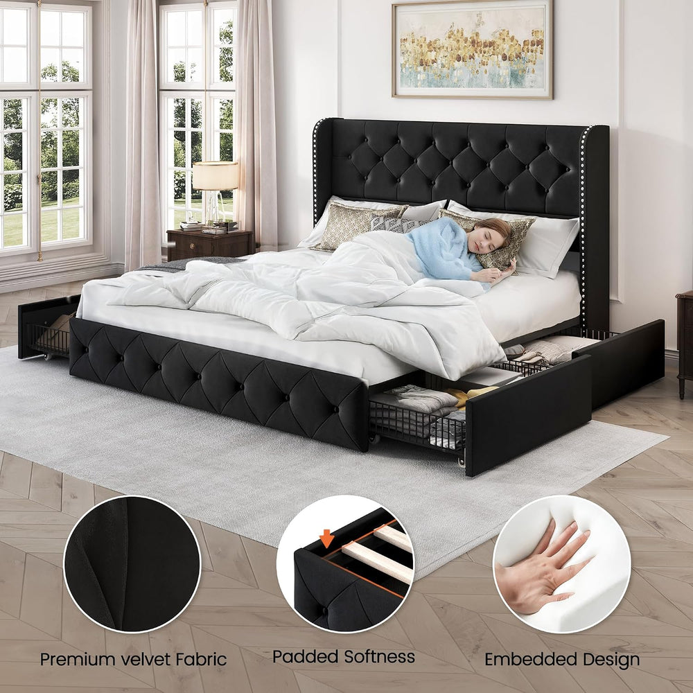 LARMACE Queen Size Bed Frame with 4 Storage Drawers and 47.2" Tall Wingb...