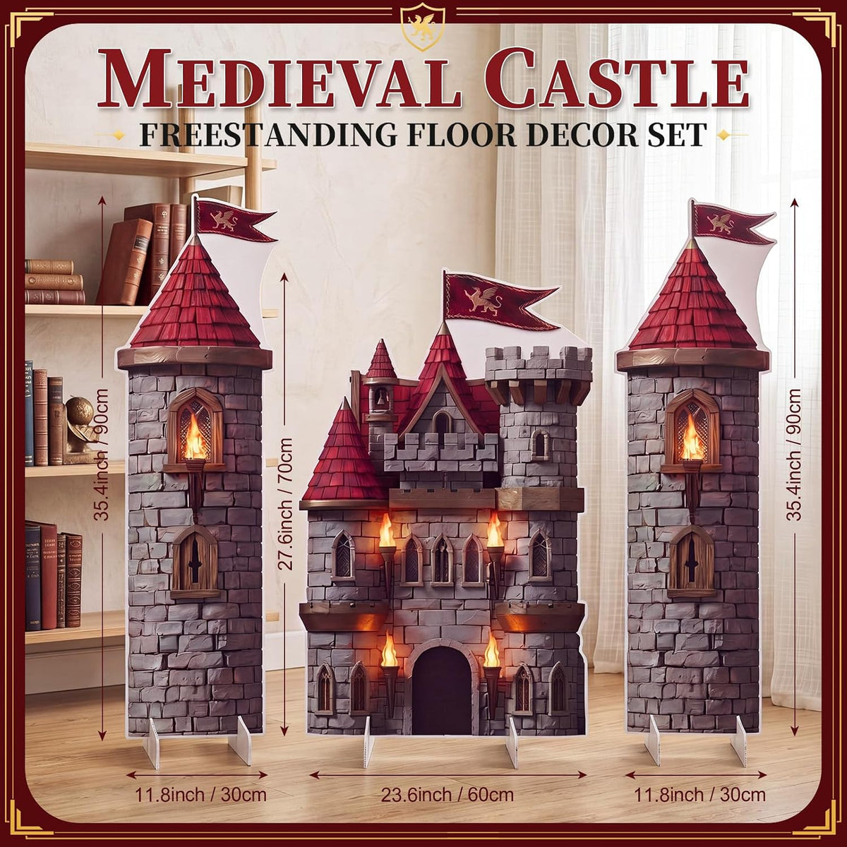 Novabright 3 Pcs Medieval Castle Backdrop Stand with Bases, Large Stone Knight and Castle Party Decorations, Freestanding Corrugated Plastic Photo Booth Props for Birthday Halloween Dragon Party