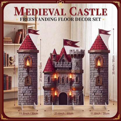 Novabright 3 Pcs Medieval Castle Backdrop Stand with Bases, Large Stone Knight and Castle Party Decorations, Freestanding Corrugated Plastic Photo Booth Props for Birthday Halloween Dragon Party