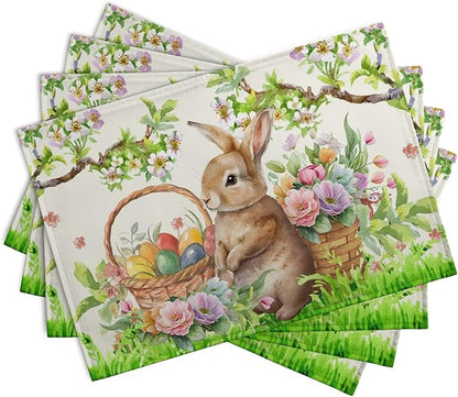 Easter Rabbit Placemats Set of 4 Spring Easter Egg Bunny Flowers Floral Place - Image 2