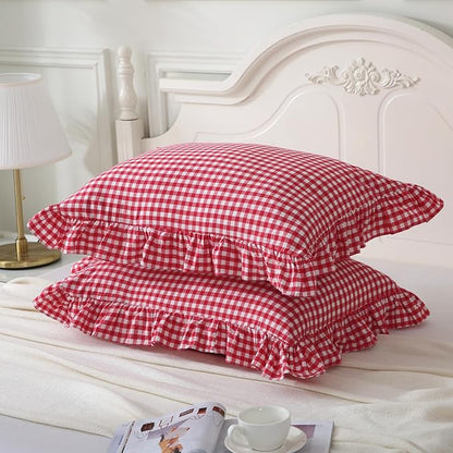 Red/White Plaid Pillow Shams King Size Set of 2, Shabby Checkered Ruffle Pillow - Image 3