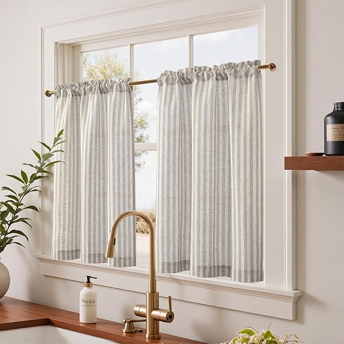 jinchan Striped Linen Kitchen Curtains 36 Inches Tier Curtains Farmhouse Modern - Image 2