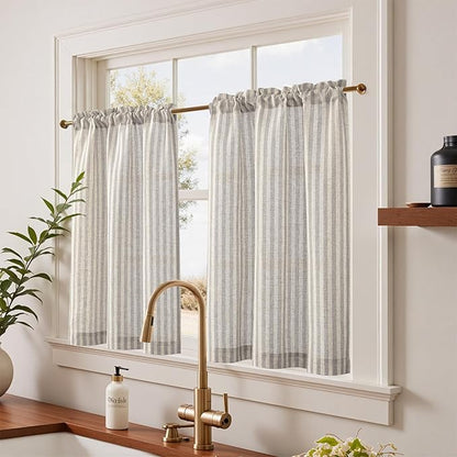 jinchan Striped Linen Kitchen Curtains 36 Inches Tier Curtains Farmhouse Modern - Image 2