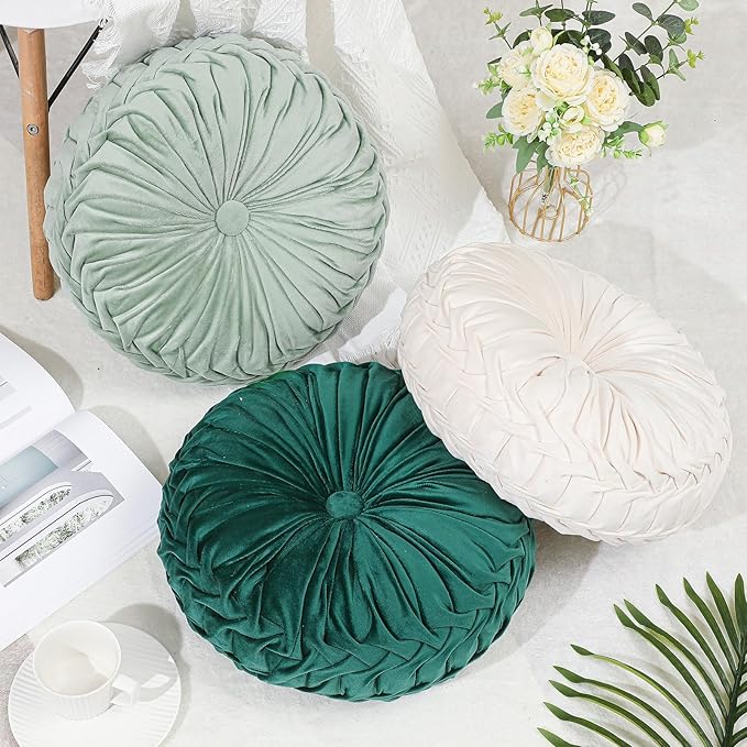 3 Pcs Round Throw Pillows Decorative Velvet Pleated Throw Pillows 15'' Diameter by Drydiet