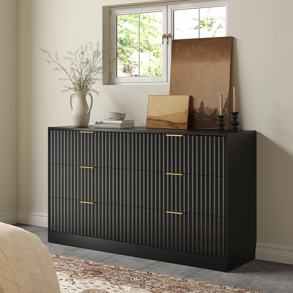 Black 6 Drawer Dresser for Bedroom, 55" Wide Fluted Chest of Drawers wit...