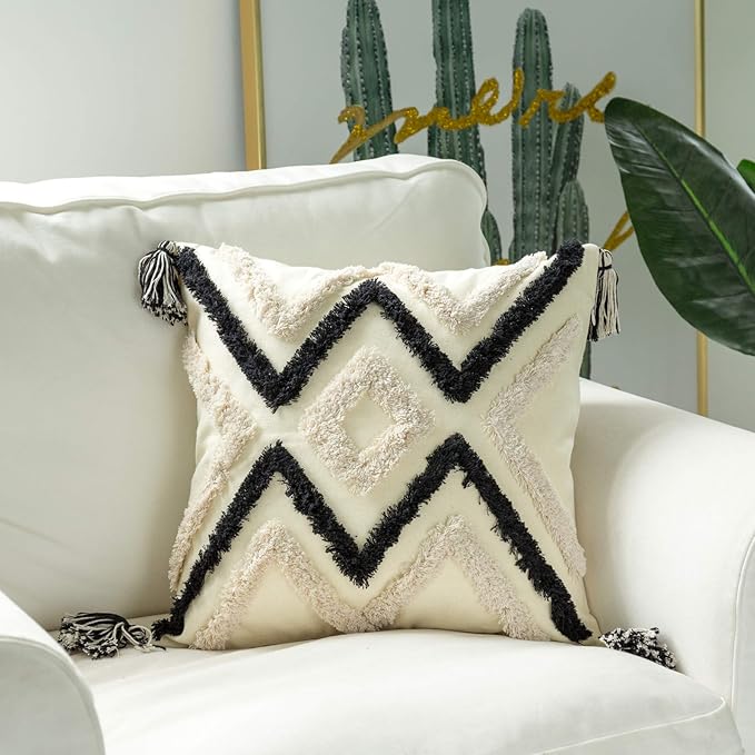 Woven Tufted Boho Throw Pillow Cover, Modern Decorative Geometric Chevron - Image 4