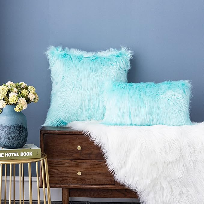 LIGICKY Set of 2 Decorative Teal Fluffy Lumbar Soft Turquoise Faux Fur Throw - Image 3