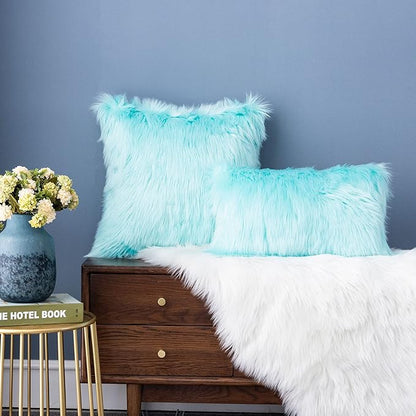 LIGICKY Set of 2 Decorative Teal Fluffy Lumbar Soft Turquoise Faux Fur Throw - Image 3