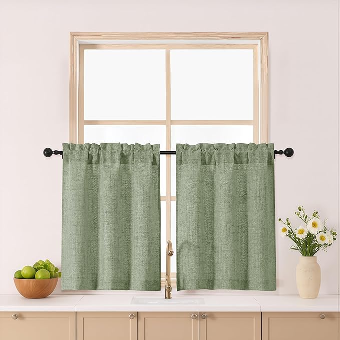 Gwine Green Kitchen Curtains 24 Inch Length 2 Panels, Light Filtering Textured by Gwine