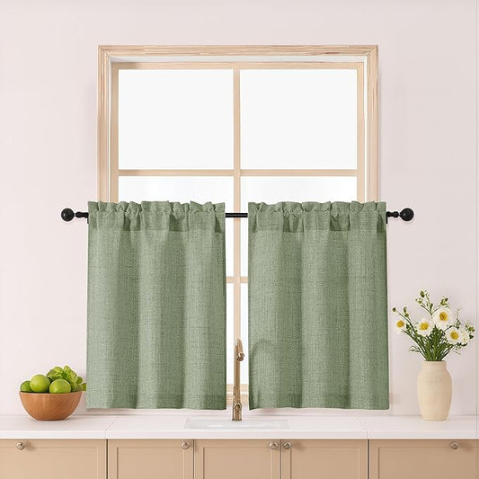 Gwine Green Kitchen Curtains 24 Inch Length 2 Panels, Light Filtering Textured by Gwine