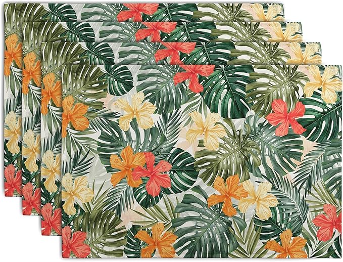 Tropical Palm Leaves Table Mats Set of 4 Summer Watercolor Hibiscus Flower Leaf by Wnoesat
