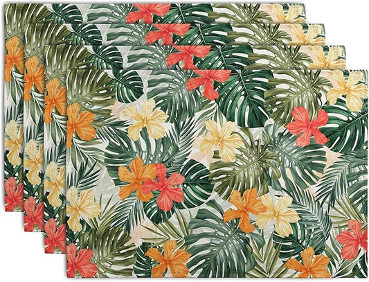Tropical Palm Leaves Table Mats Set of 4 Summer Watercolor Hibiscus Flower Leaf by Wnoesat