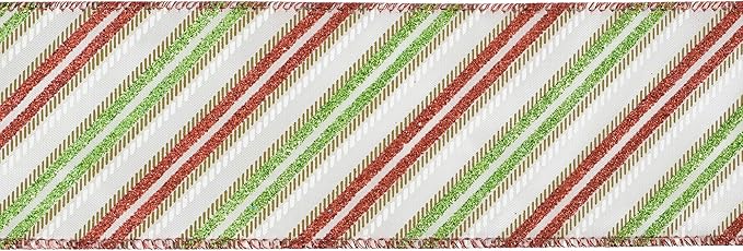 MEEDEE Red and Green Diagonal Striped Ribbon 2.5 Inch White Satin - Image 8