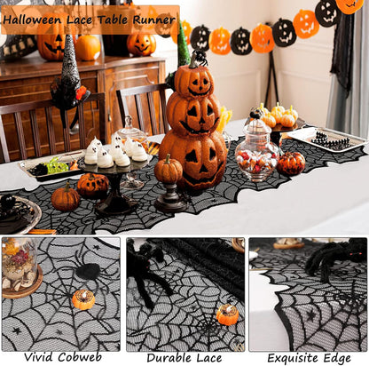 Halloween Table Runner 6 Pieces 18 x 72 Inch for Halloween Decor - Vivid Polyester Black Spider Web Lace Table Runner for Halloween Masquerade Party Dinner Table Decorations