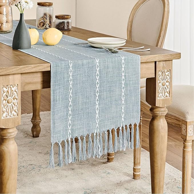 ZeeMart Farmhouse Braided Striped Table Runner, Rustic Blue Table Runners 48 - Image 2