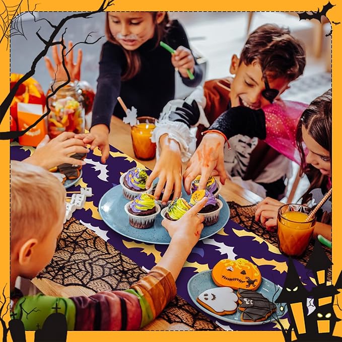 Happy Halloween Table Runner Purple Yellow White Bats Seasonal Holidays Indoor - Image 3
