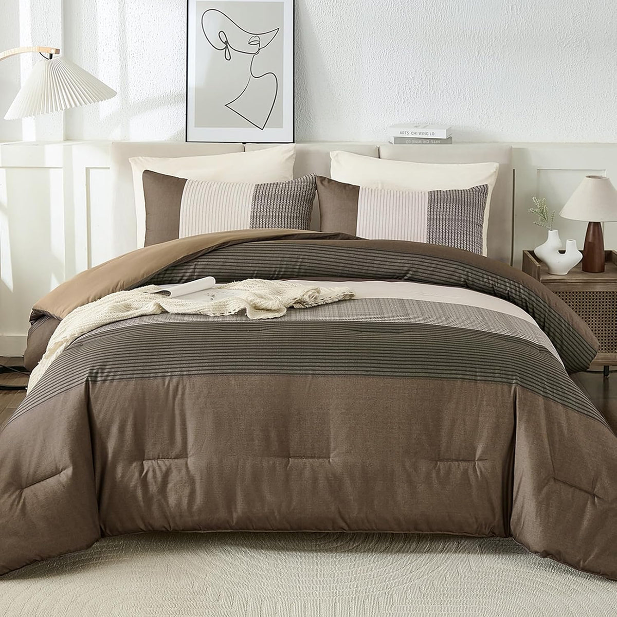 brown comforter set queen, reversible coffee brown patchwork, main product view