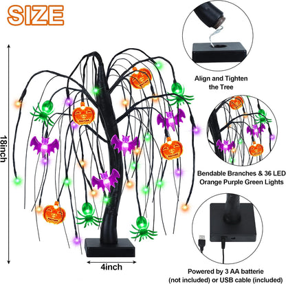 Halloween Table Decor 18 Inch 36 LED Halloween Willow Tree with Pumpkin Bat Spider Lights, Timer/USB/Battery Operated Black Halloween Tree Spooky Halloween Decorations Indoor for Home Party Room Gifts