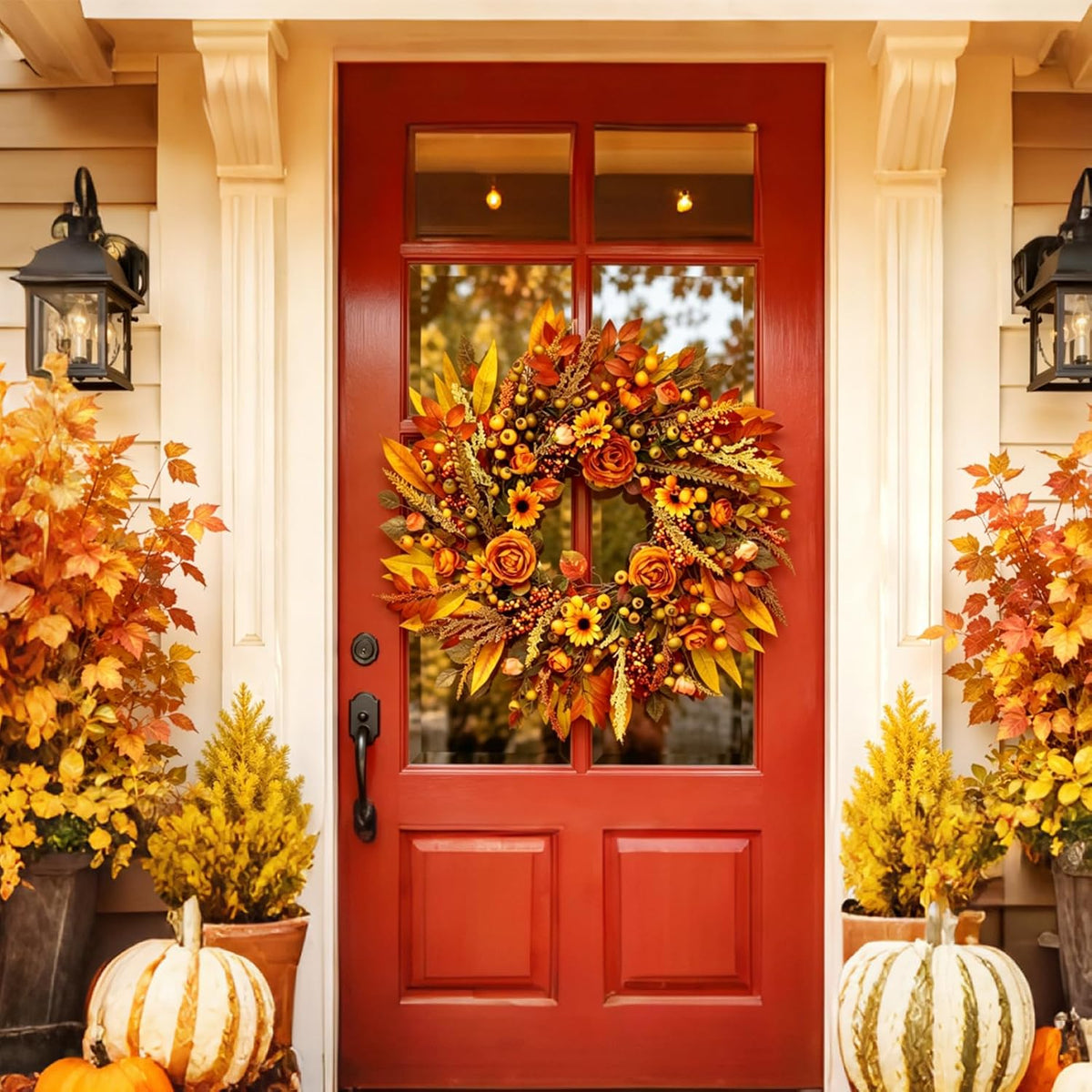 Fall Wreath for Front Door 26 Inch, Autumn Harvest Wreath Sunflowers Roses Acorns Berries, Thanksgiving Halloween Farmhouse Rustic Grapevine Twig Decor