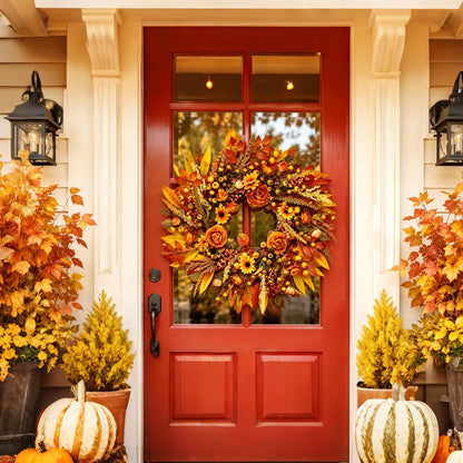 Fall Wreath for Front Door 26 Inch, Autumn Harvest Wreath Sunflowers Roses Acorns Berries, Thanksgiving Halloween Farmhouse Rustic Grapevine Twig Decor