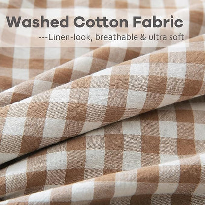 2 Pack Taupe White Plaid Ruffle Gingham King Size Pillow Shams, 100% Yarn-Dyed - Image 7