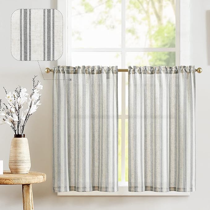 jinchan Linen Striped Kitchen Curtains 24 Inch Farmhouse Small Cafe Curtains by JINCHAN