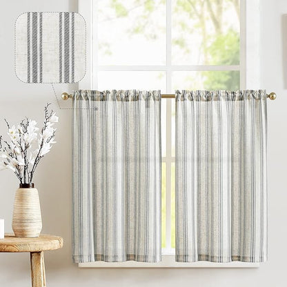 jinchan Linen Striped Kitchen Curtains 24 Inch Farmhouse Small Cafe Curtains by JINCHAN