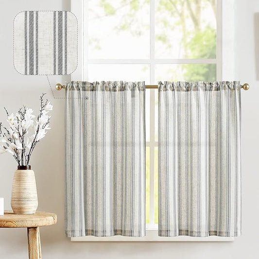 jinchan Linen Striped Kitchen Curtains 24 Inch Farmhouse Small Cafe Curtains by JINCHAN