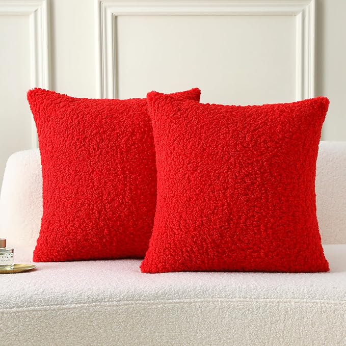 FUTEI Christmas Red Throw Pillow Covers 18x18 Inch Set of 2, Furry Faux Fur by FUTEI
