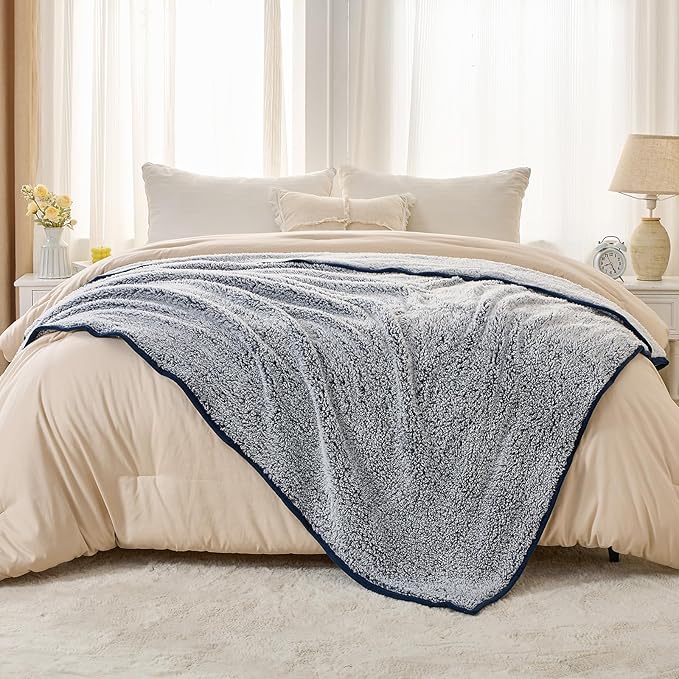 EMME Soft Sherpa Throw Blanket Fleece Reversible Plush Fluffy Blanket, Light - Image 8