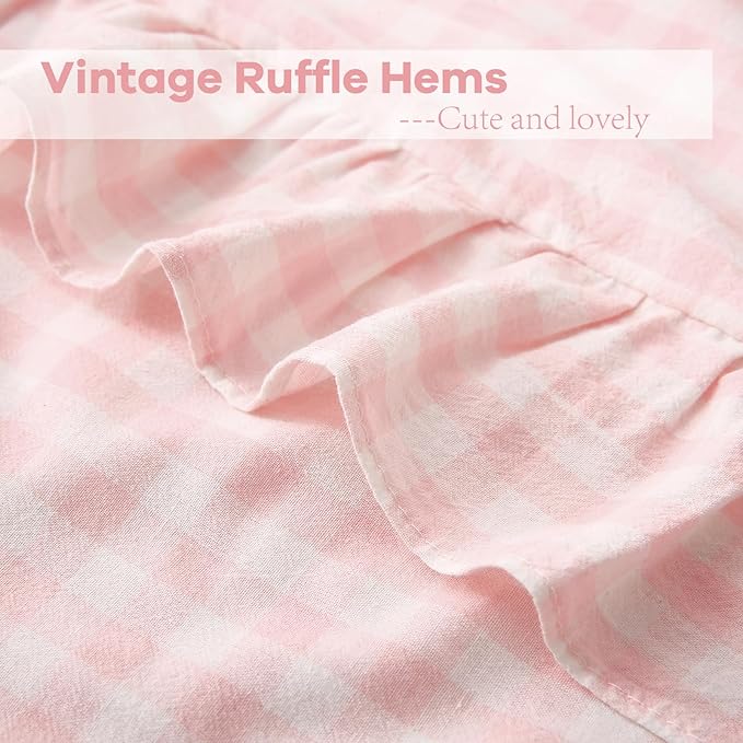 2 Pack Blush White Plaid Ruffle Gingham Euro Shams Pillow Covers, 100% Washed - Image 5