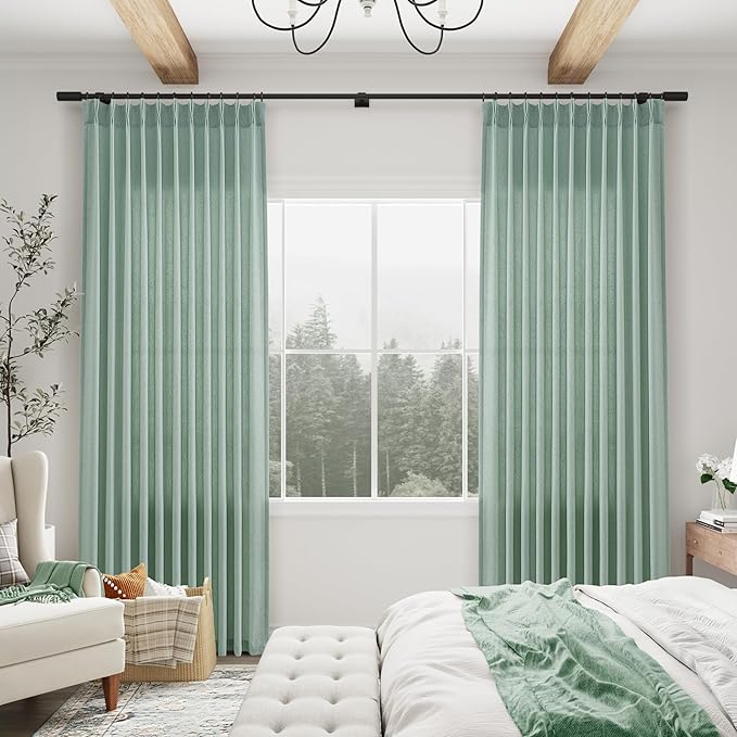 Aqua Green Pinch Pleated Linen Curtains 108 Inch Length 2 Panels - Image 3