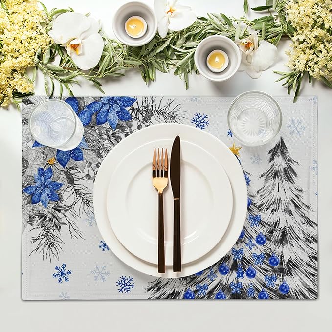 Giwawa Christmas Placemats Set of 4 Blue Grey Xmas Trees Balls Linen Place Mat - Image 3