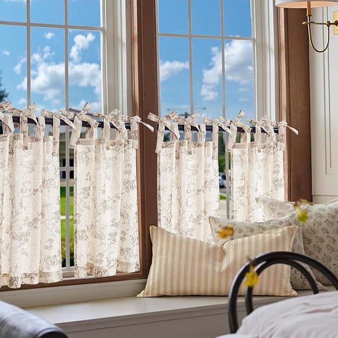 jinchan Floral Kitchen Curtains 24 Inch Linen Tier Curtains Farmhouse Cafe Half - Image 2