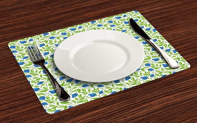 Ambesonne Fruits Place Mats Set of 4, Flowering Blueberry Blossoms Vivid Leaf by Ambesonne